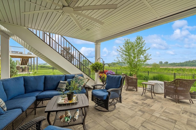 19281 Blue Stem Ct, Maple Grove, MN 55311 - fenced backyard featuring an outdoor living space, stairway, a patio area, and a ceiling fan