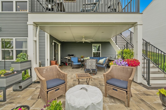 19281 Blue Stem Ct, Maple Grove, MN 55311 - view of patio / terrace featuring stairs, outdoor lounge area, and ceiling fan
