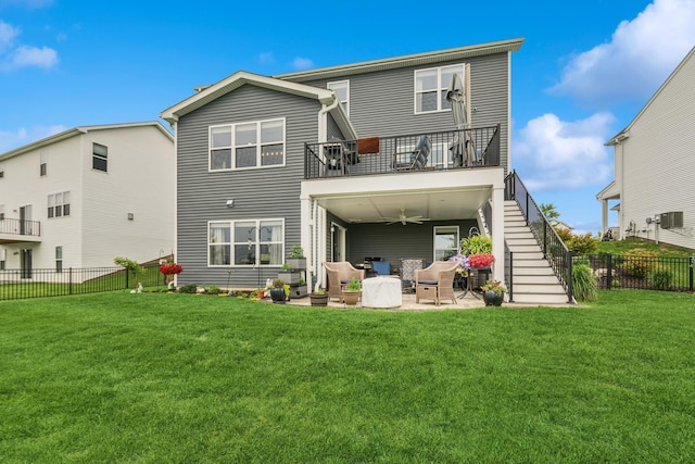 19281 Blue Stem Ct, Maple Grove, MN 55311 - back of house featuring a balcony, a ceiling fan, stairs, and a patio area