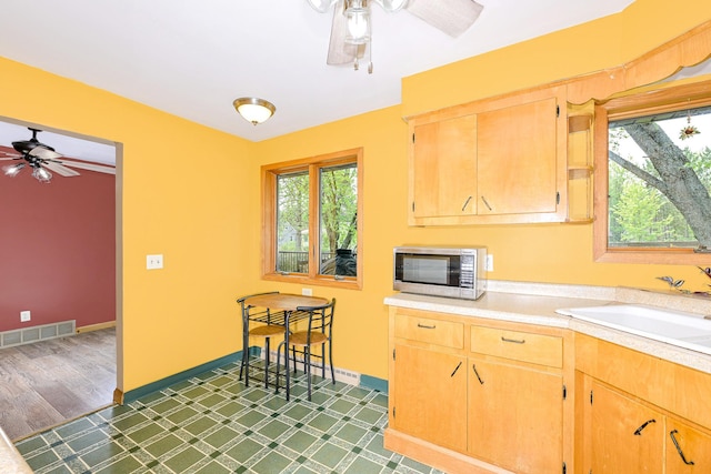 1424 Summit Ave, Cloquet, MN 55720 - kitchen featuring a ceiling fan, stainless steel microwave, light countertops, a sink, and dark flooring