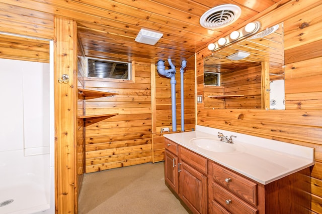 1424 Summit Ave, Cloquet, MN 55720 - bathroom with vanity, wooden walls, and wooden ceiling