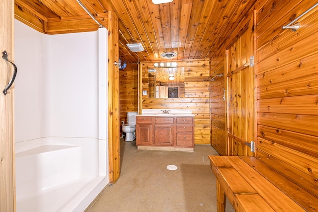 1424 Summit Ave, Cloquet, MN 55720 - full bath featuring wood ceiling, a shower, wood walls, toilet, and vanity