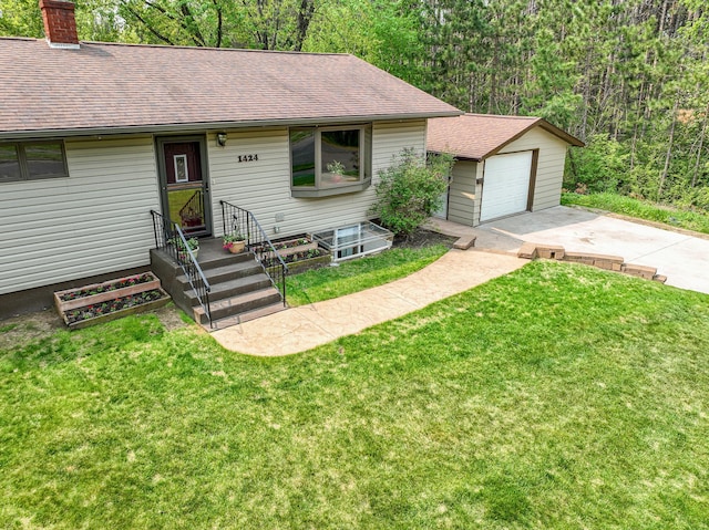 1424 Summit Ave, Cloquet, MN 55720 - single story home featuring a shingled roof, an outbuilding, a garage, a chimney, and a front lawn