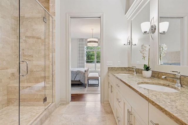 935 Lake St E Unit 211, Wayzata, MN 55391 - bathroom with double vanity, a stall shower, and ensuite bath