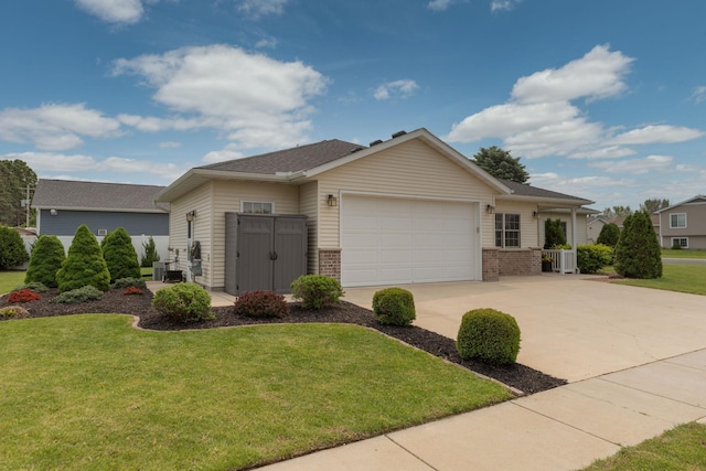 106 9th Ave SE, Kasson, MN 55944 - ranch-style home with a garage, driveway, a front yard, and brick siding