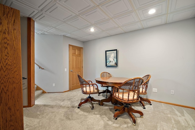 3321 Willie Dr, Burnsville, MN 55337 - carpeted dining area featuring baseboards, recessed lighting, and stairs