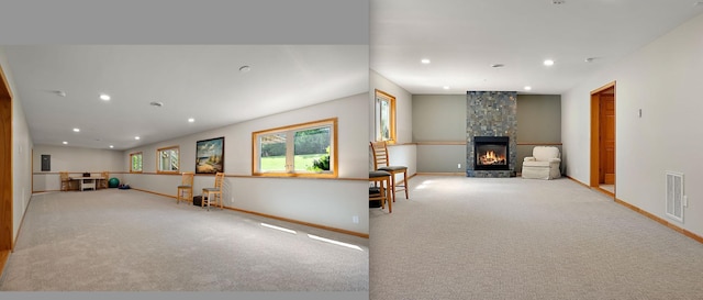 3321 Willie Dr, Burnsville, MN 55337 - unfurnished living room with carpet, baseboards, a stone fireplace, and recessed lighting