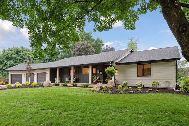 2324 Rivendell Ln, Minnetonka, MN 55305 - single story home featuring a front yard, an attached garage, covered porch, a chimney, and board and batten siding