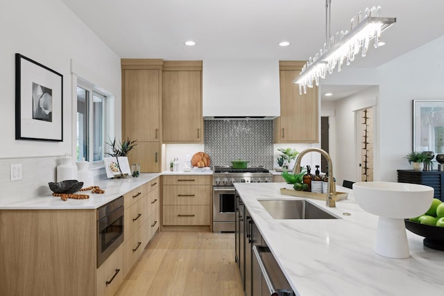 2324 Rivendell Ln, Minnetonka, MN 55305 - kitchen featuring stainless steel appliances, light brown cabinetry, light stone countertops, custom range hood, and decorative backsplash