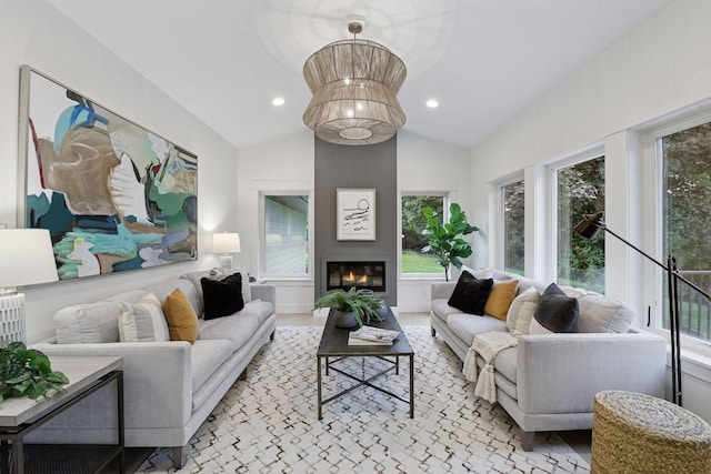 2324 Rivendell Ln, Minnetonka, MN 55305 - living area featuring plenty of natural light, lofted ceiling, a large fireplace, and recessed lighting