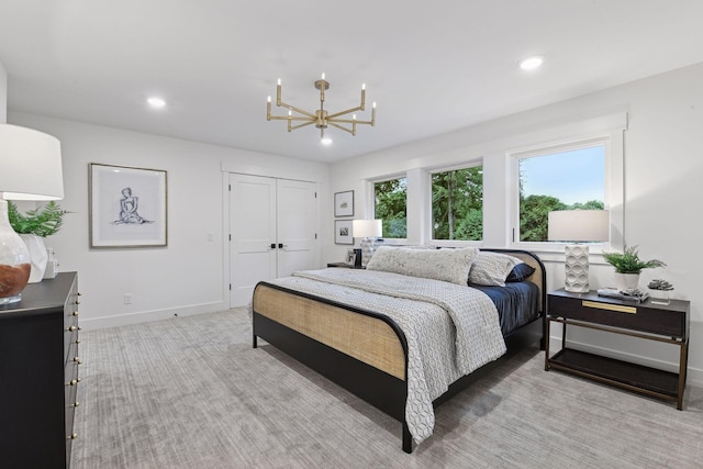 2324 Rivendell Ln, Minnetonka, MN 55305 - bedroom featuring a chandelier, recessed lighting, a closet, and light colored carpet