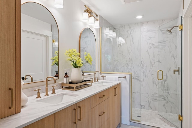 2324 Rivendell Ln, Minnetonka, MN 55305 - bathroom with a marble finish shower, double vanity, and recessed lighting