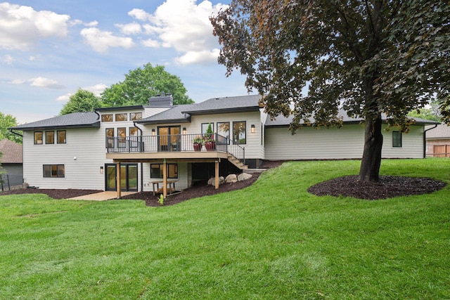 2324 Rivendell Ln, Minnetonka, MN 55305 - back of house featuring a wooden deck, stairs, and a chimney