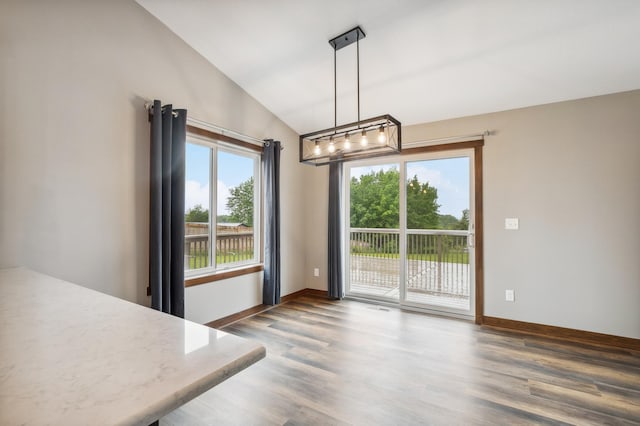 26884 709th St, Lake City, MN 55041 - unfurnished dining area featuring wood finished floors, a chandelier, and vaulted ceiling