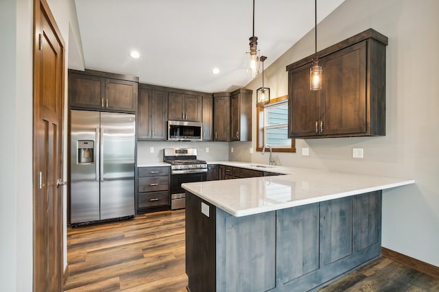 26884 709th St, Lake City, MN 55041 - kitchen featuring stainless steel appliances, dark wood-type flooring, dark brown cabinets, a peninsula, and light countertops