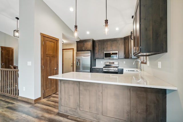 26884 709th St, Lake City, MN 55041 - kitchen featuring appliances with stainless steel finishes, dark wood-type flooring, dark brown cabinetry, a peninsula, and vaulted ceiling