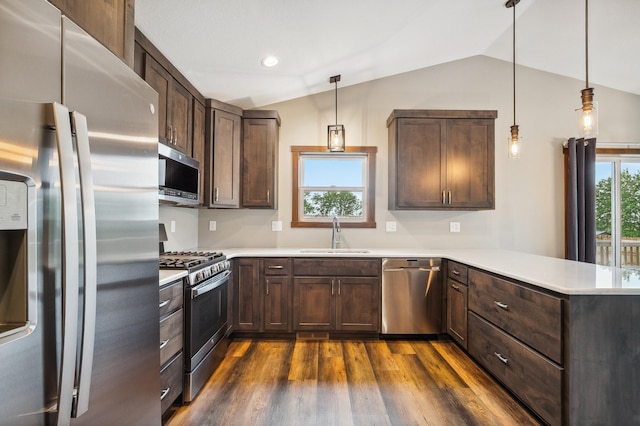 26884 709th St, Lake City, MN 55041 - kitchen with stainless steel appliances, lofted ceiling, a peninsula, light countertops, and dark wood-type flooring