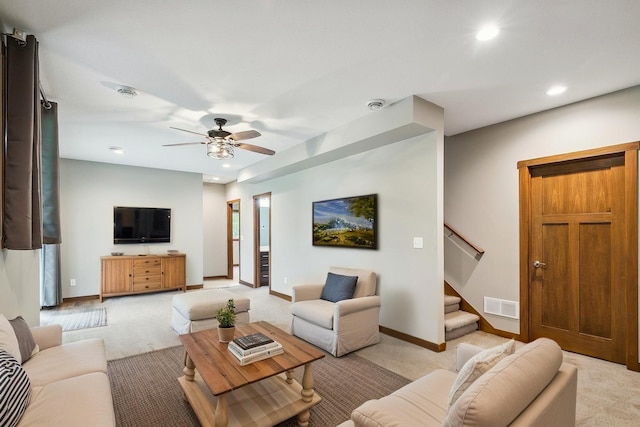 26884 709th St, Lake City, MN 55041 - living area with light carpet, recessed lighting, stairs, and a ceiling fan