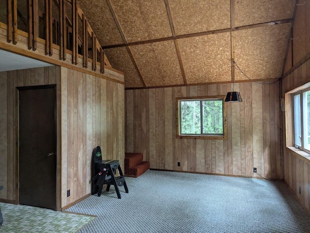 24863 Norway Pine Pl, Ross Lake Twp, MN 56447 - unfurnished room featuring wood walls, carpet flooring, and lofted ceiling