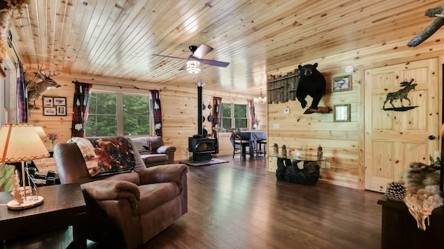 W8567 County Road Mm, Mead Twp, WI 54437 - living area featuring a wood stove, wood ceiling, wooden walls, a ceiling fan, and dark wood-type flooring