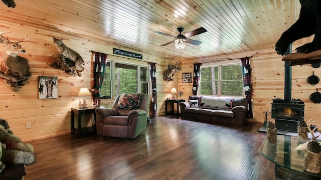 W8567 County Road Mm, Mead Twp, WI 54437 - living area featuring healthy amount of natural light, wood walls, a ceiling fan, a wood stove, and wood finished floors