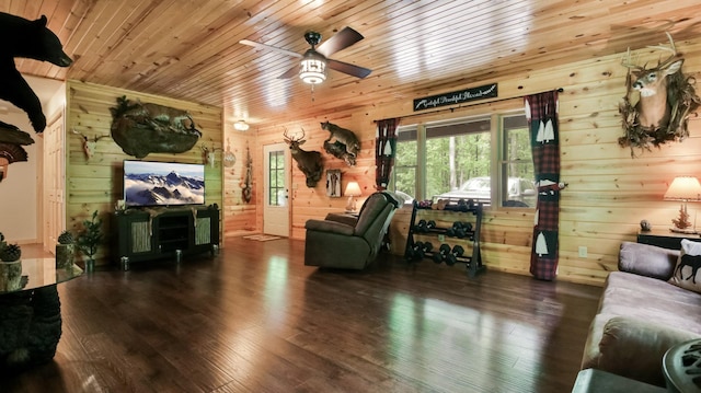 W8567 County Road Mm, Mead Twp, WI 54437 - living area with wood walls, a ceiling fan, wood ceiling, and wood finished floors