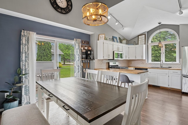903 6th Ave NW, Buffalo, MN 55313 - dining room featuring rail lighting, a chandelier, wood finished floors, and high vaulted ceiling