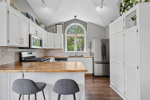 903 6th Ave NW, Buffalo, MN 55313 - kitchen with stainless steel appliances, track lighting, a peninsula, lofted ceiling, and white cabinets