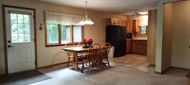 12183 Crooked Lake Ln SW, Moe Twp, MN 56327 - dining room with baseboards, light colored carpet, a ceiling fan, and light tile patterned floors
