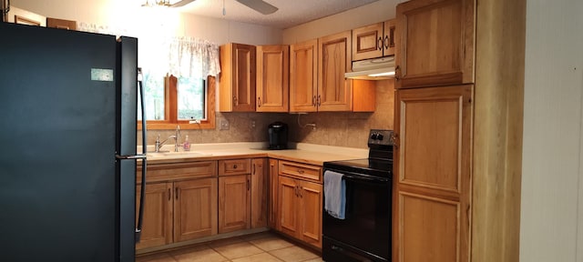 12183 Crooked Lake Ln SW, Moe Twp, MN 56327 - kitchen with black appliances, a sink, under cabinet range hood, light countertops, and a ceiling fan