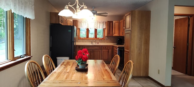 12183 Crooked Lake Ln SW, Moe Twp, MN 56327 - kitchen with freestanding refrigerator, a chandelier, light countertops, a sink, and baseboards