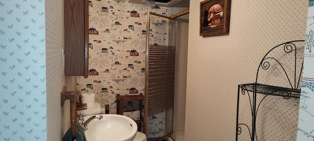 12183 Crooked Lake Ln SW, Moe Twp, MN 56327 - full bath featuring wallpapered walls, a sink, and a shower stall