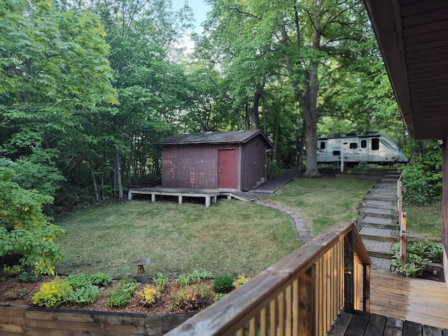 12183 Crooked Lake Ln SW, Moe Twp, MN 56327 - view of grassy yard with a wooden deck and stairs
