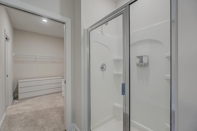 1345 Bluff Border Rd, New Richmond, WI 54017 - bathroom featuring a stall shower, a spacious closet, baseboards, and recessed lighting