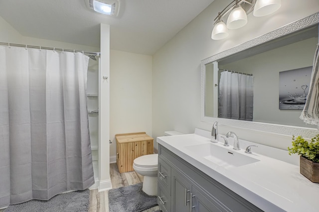 1345 Bluff Border Rd, New Richmond, WI 54017 - bathroom with vanity, toilet, curtained shower, and wood finished floors