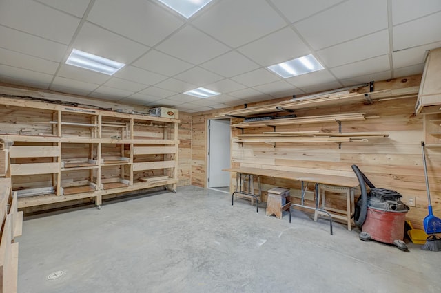 1345 Bluff Border Rd, New Richmond, WI 54017 - basement featuring a drop ceiling, wood walls, and a workshop area