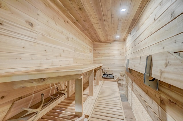 1345 Bluff Border Rd, New Richmond, WI 54017 - sauna featuring wooden ceiling, wooden walls, and recessed lighting