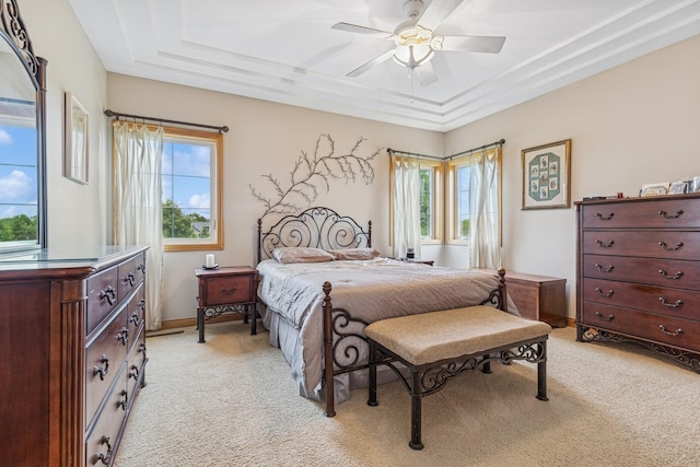 26033 607th St, Mantorville, MN 55955 - bedroom with a tray ceiling, light carpet, and ceiling fan