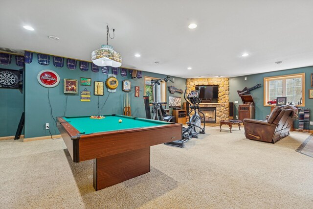 26033 607th St, Mantorville, MN 55955 - playroom featuring carpet, plenty of natural light, billiards, recessed lighting, and a fireplace