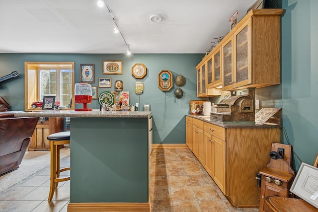 26033 607th St, Mantorville, MN 55955 - kitchen featuring rail lighting, a kitchen breakfast bar, a kitchen island, and glass insert cabinets