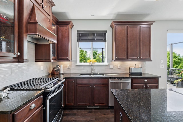 3751 Crane Island Ct, Minnetrista, MN 55331 - kitchen with stainless steel appliances, a sink, dark wood-style floors, premium range hood, and dark stone counters