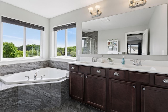 3751 Crane Island Ct, Minnetrista, MN 55331 - full bath featuring a stall shower, double vanity, a garden tub, and marble finish flooring