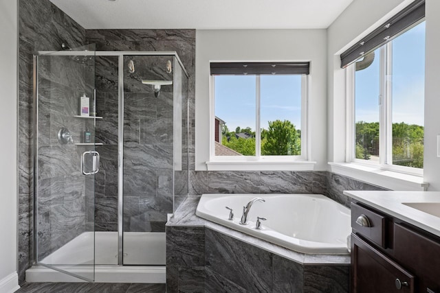 3751 Crane Island Ct, Minnetrista, MN 55331 - full bath with a bath, vanity, and a marble finish shower