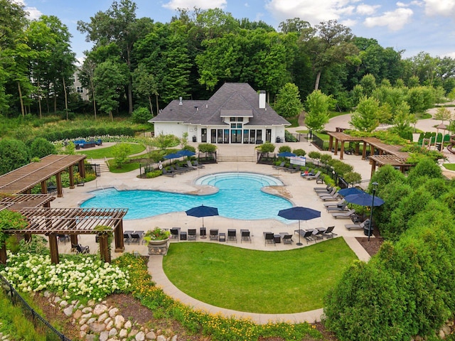 3751 Crane Island Ct, Minnetrista, MN 55331 - community pool with a pergola, a lawn, a patio area, and view of wooded area