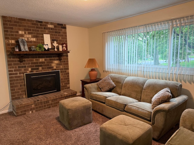 14410 92nd Ave N, Maple Grove, MN 55369 - carpeted living area with a textured ceiling, a brick fireplace, and baseboards