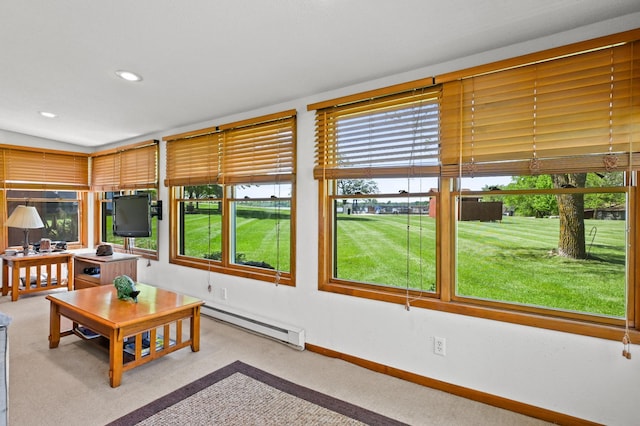 3865 Wahtomin Trl NW, Alexandria, MN 56308 - sunroom / solarium featuring baseboard heating, carpet, baseboards, and recessed lighting