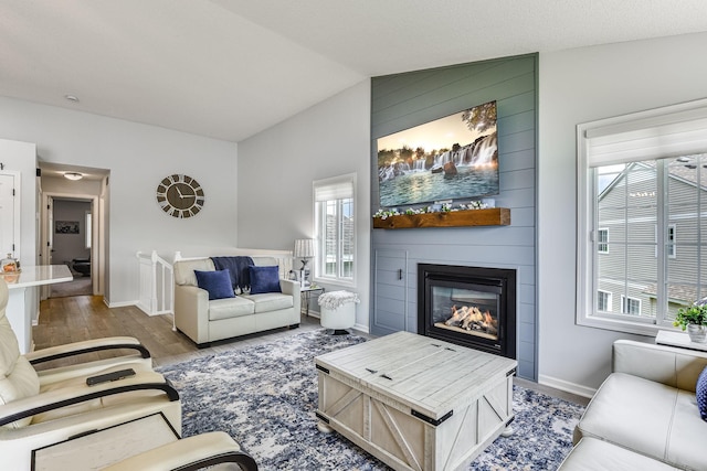 11001 Isanti Ct NE, Blaine, MN 55449 - living room featuring plenty of natural light, vaulted ceiling, a large fireplace, wood finished floors, and baseboards