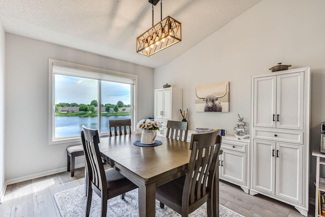 11001 Isanti Ct NE, Blaine, MN 55449 - dining space featuring a chandelier, vaulted ceiling, light wood-type flooring, a textured ceiling, and baseboards