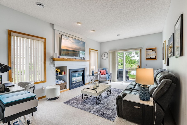 11001 Isanti Ct NE, Blaine, MN 55449 - living room with carpet, a textured ceiling, a glass covered fireplace, and baseboards