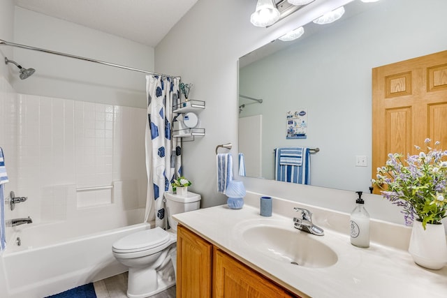 11001 Isanti Ct NE, Blaine, MN 55449 - bathroom featuring shower / bath combination with curtain, vanity, toilet, and wood finished floors